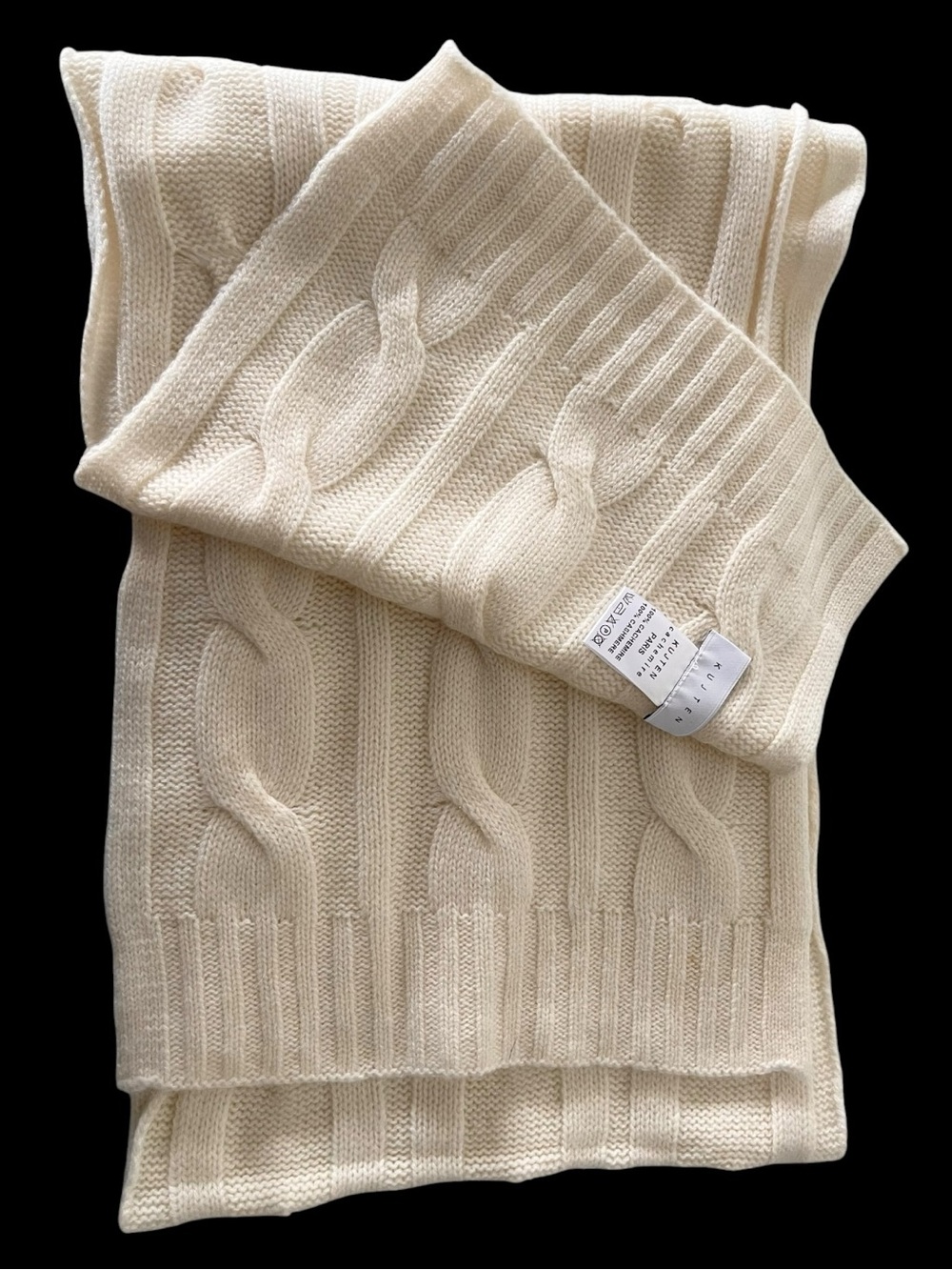 Kujten Nalo 100% Cashmere Cable Knit Scarf Ivory Cream 67” Luxury Paris